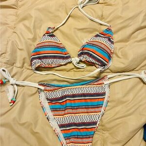 Striped Triangle Bikini Set in Turquoise & Coral